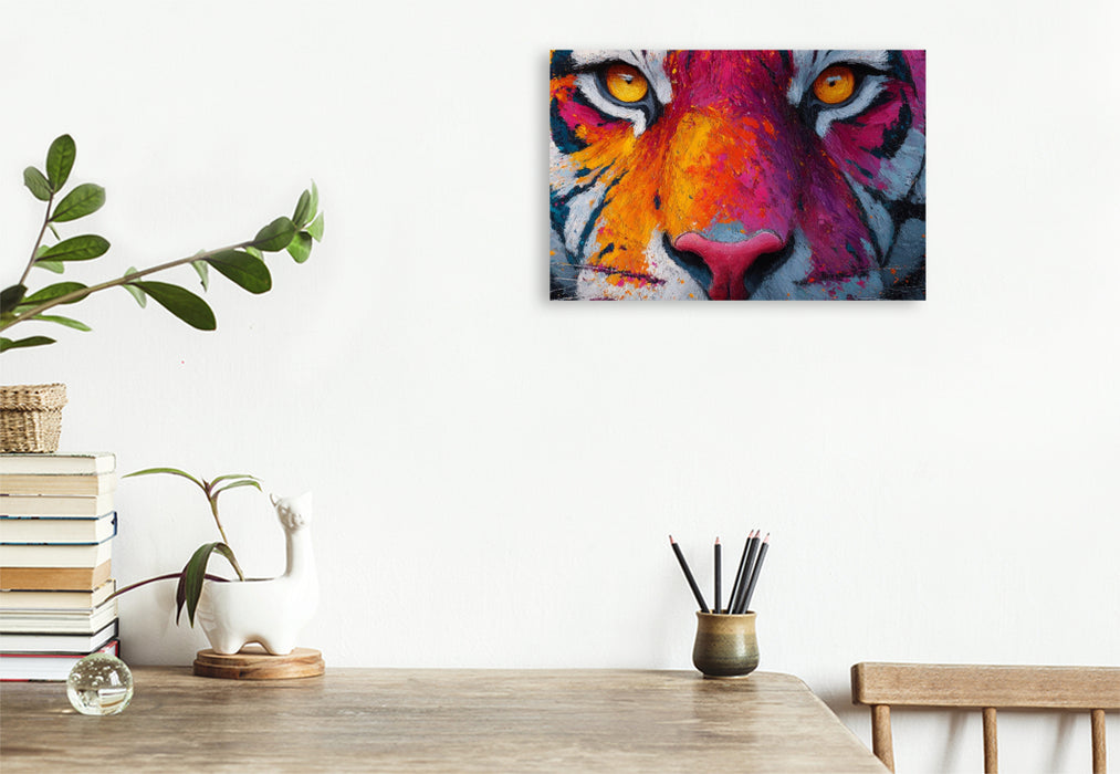 Premium Textil-Leinwand Bunter Tiger mit intensivem Blick
