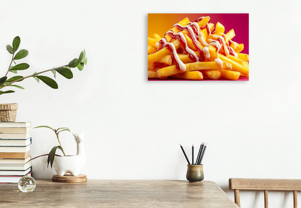Premium Textil-Leinwand Pommes rot-weiß mit Ketchup und Mayo