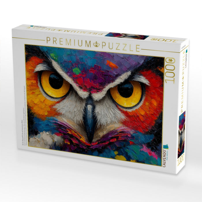 Bunte Aquarell Eule mit intensivem Blick - CALVENDO Foto-Puzzle'