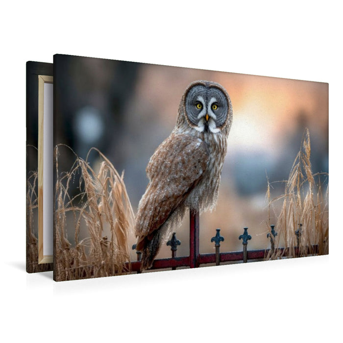 Premium Textil-Leinwand Ein Bartkauz auf einem Zaun