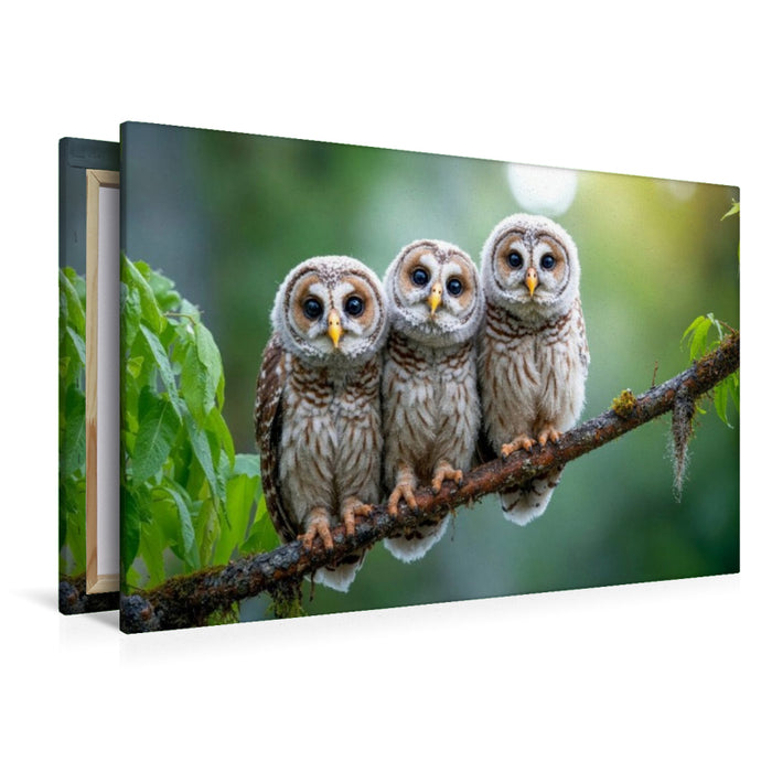 Premium Textil-Leinwand Drei kleine Käuzchen auf dem Ast