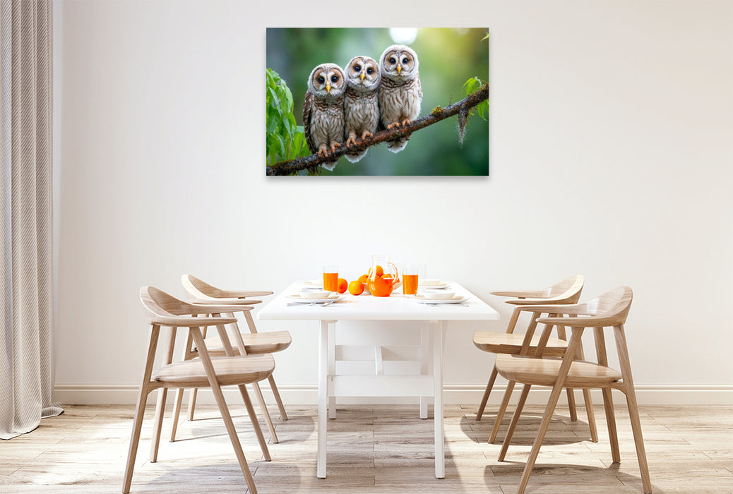 Premium Textil-Leinwand Drei kleine Käuzchen auf dem Ast