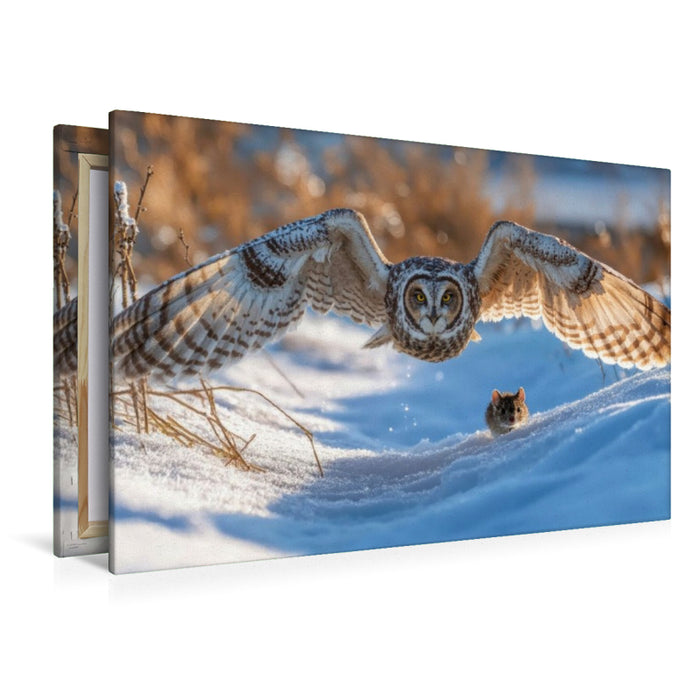 Premium Textil-Leinwand Eine Sumpfohreule gleitet durch den Winter