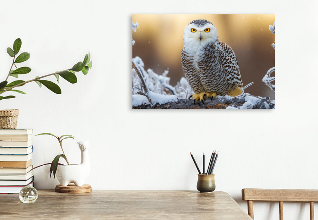 Premium Textil-Leinwand Eine aufmerksame Schneeeule