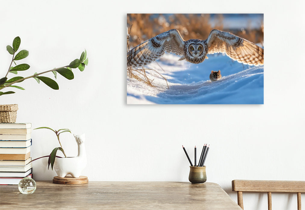 Premium Textil-Leinwand Eine Sumpfohreule gleitet durch den Winter