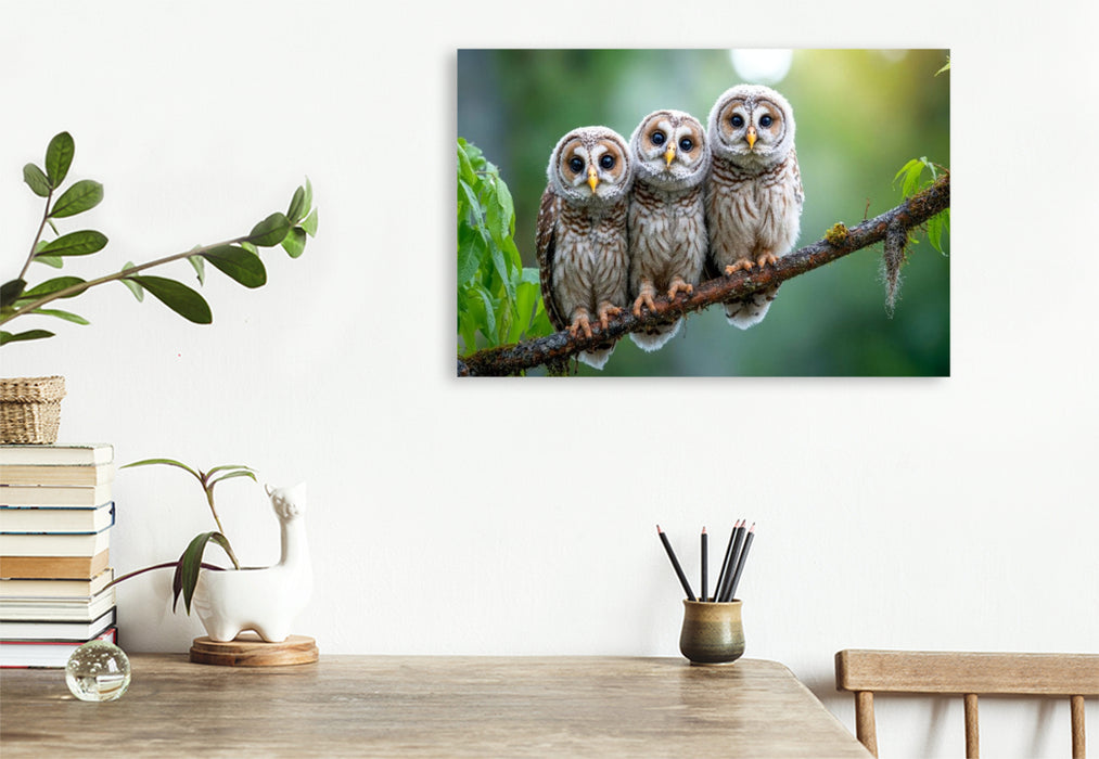 Premium Textil-Leinwand Drei kleine Käuzchen auf dem Ast