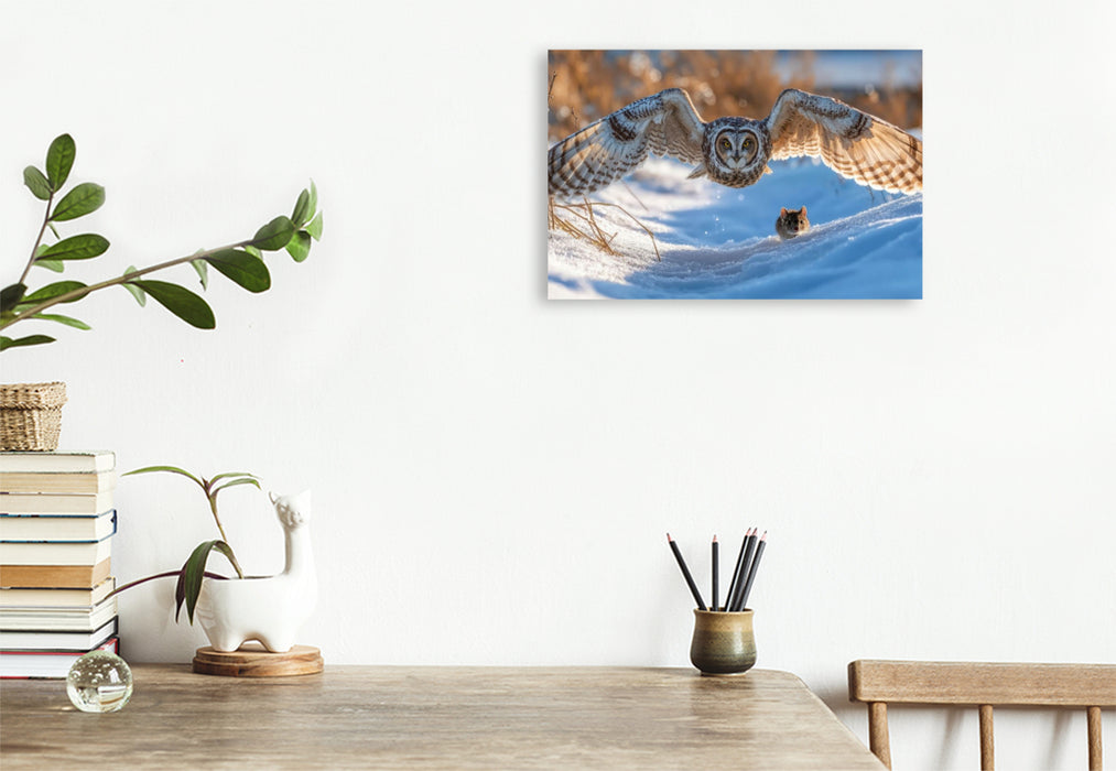 Premium Textil-Leinwand Eine Sumpfohreule gleitet durch den Winter