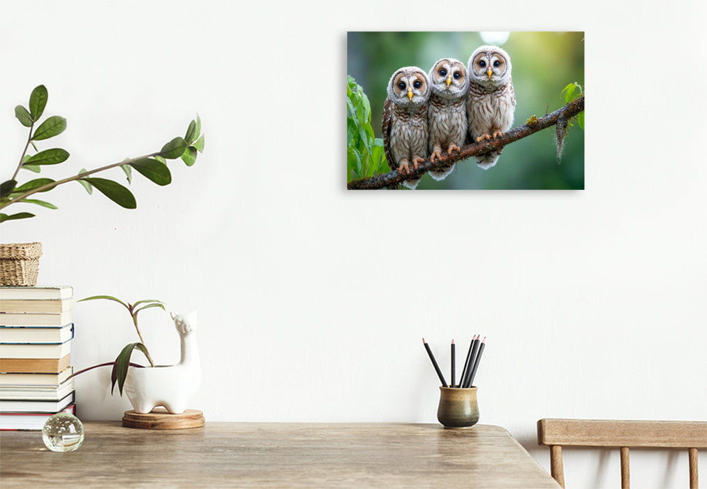 Premium Textil-Leinwand Drei kleine Käuzchen auf dem Ast