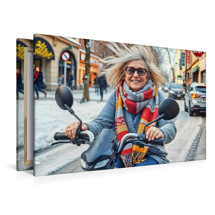 Premium Textil-Leinwand Seniorin auf dem E-Scooter