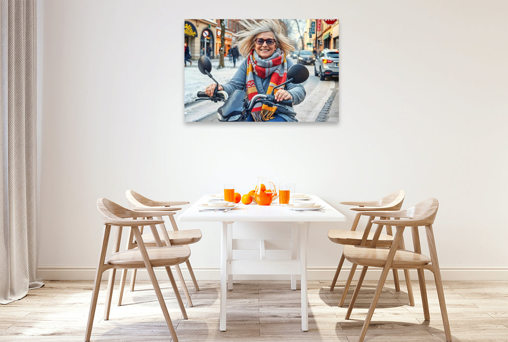 Premium Textil-Leinwand Seniorin auf dem E-Scooter