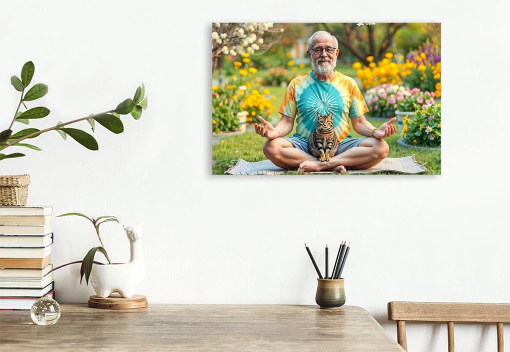 Premium Textil-Leinwand Om statt Ojemine - Yoga mit Katze