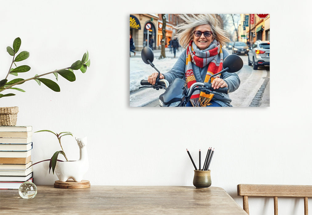 Premium Textil-Leinwand Seniorin auf dem E-Scooter