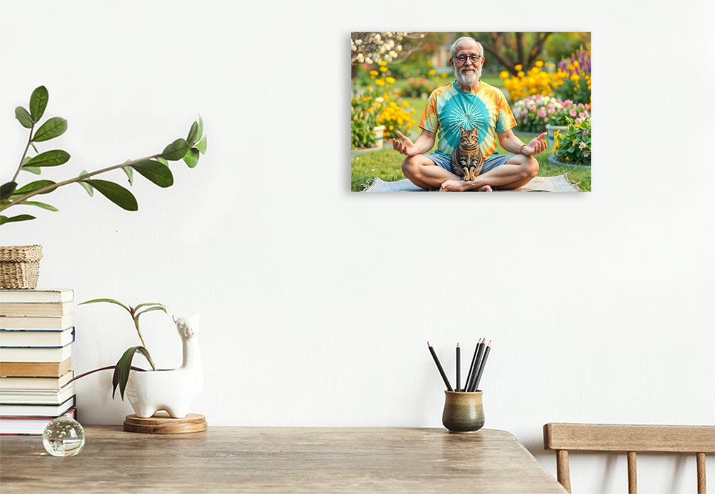 Premium Textil-Leinwand Om statt Ojemine - Yoga mit Katze