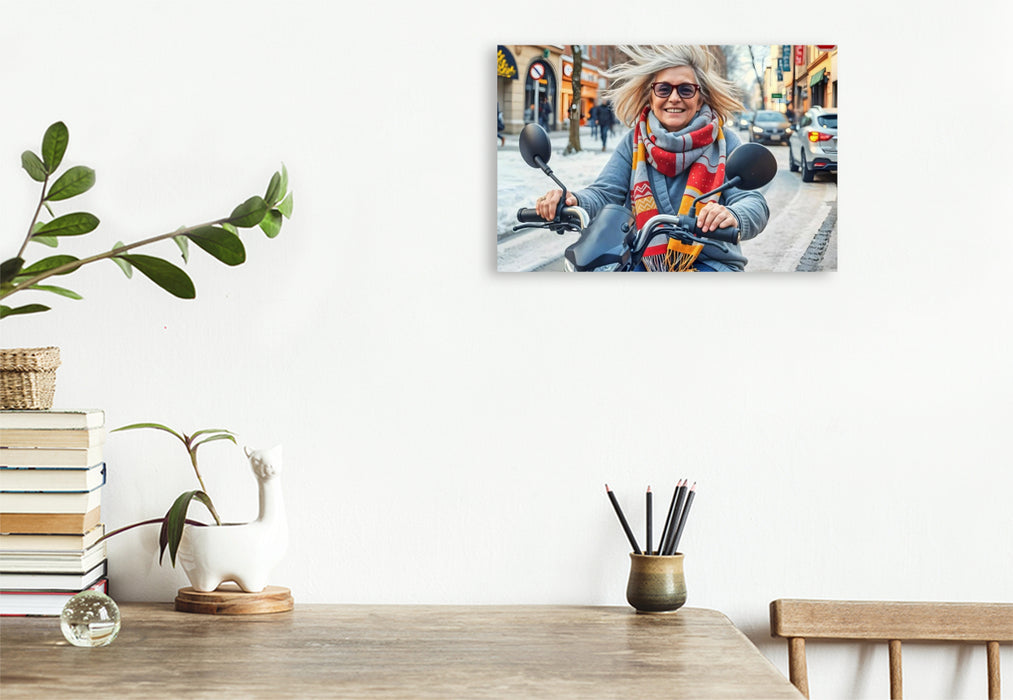 Premium Textil-Leinwand Seniorin auf dem E-Scooter