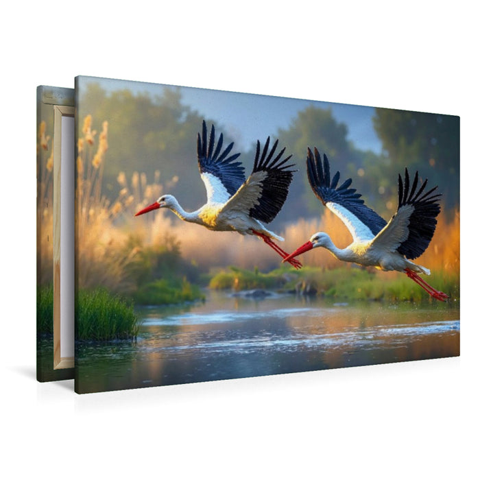 Premium Textil-Leinwand Zwei Störche ziehen elegant ihre Kreise über dem glitzernden See