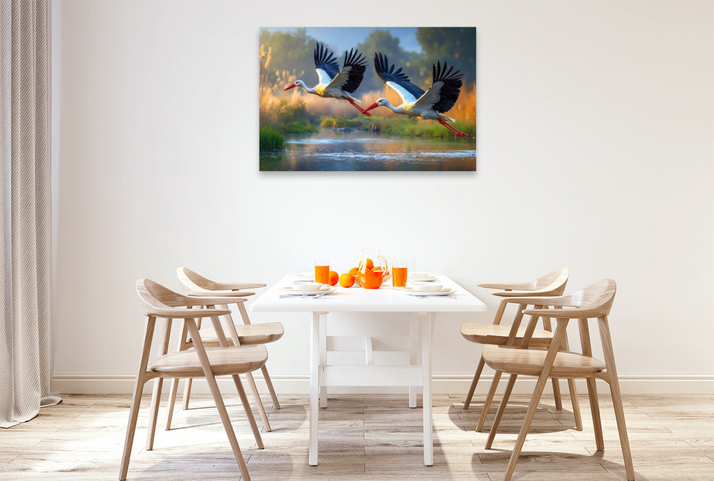 Premium Textil-Leinwand Zwei Störche ziehen elegant ihre Kreise über dem glitzernden See