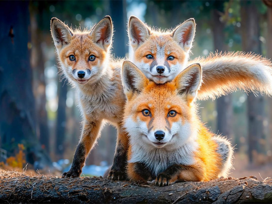 Eine Füchsin führt ihre Jungen durch das frische Grün des Frühlingswaldes - CALVENDO Foto-Puzzle'