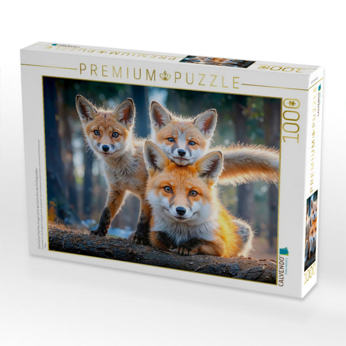 Eine Füchsin führt ihre Jungen durch das frische Grün des Frühlingswaldes - CALVENDO Foto-Puzzle'