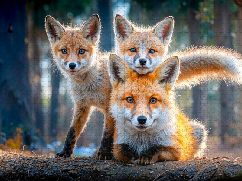 Eine Füchsin führt ihre Jungen durch das frische Grün des Frühlingswaldes - CALVENDO Foto-Puzzle'
