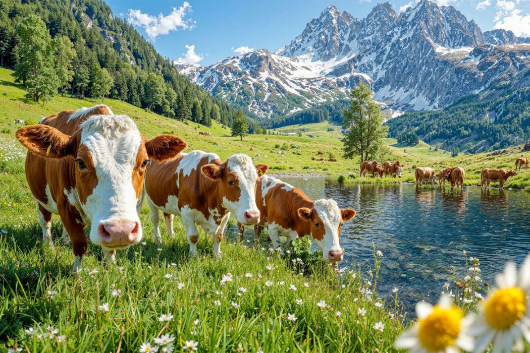Premium Textil-Leinwand Drei Kühe grasen friedlich auf der Alm – Idylle zwischen Bachlauf und Bergluft