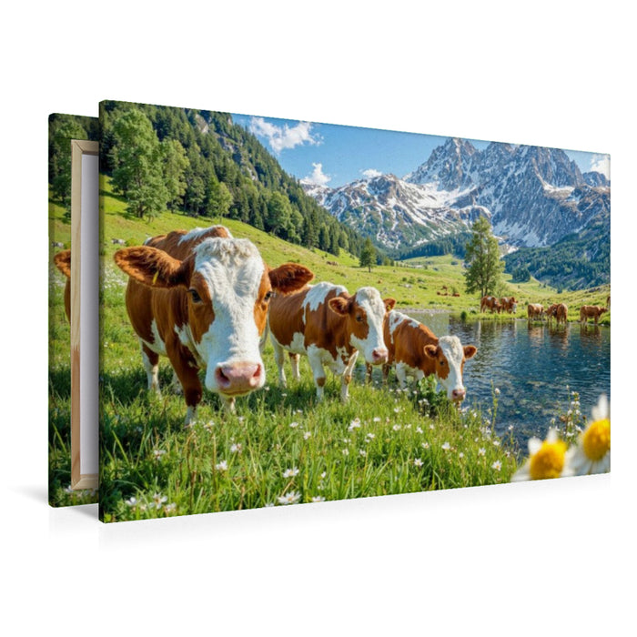 Premium Textil-Leinwand Drei Kühe grasen friedlich auf der Alm – Idylle zwischen Bachlauf und Bergluft