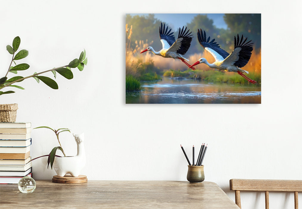 Premium Textil-Leinwand Zwei Störche ziehen elegant ihre Kreise über dem glitzernden See