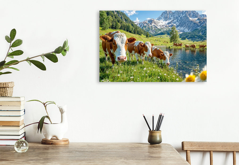 Premium Textil-Leinwand Drei Kühe grasen friedlich auf der Alm – Idylle zwischen Bachlauf und Bergluft