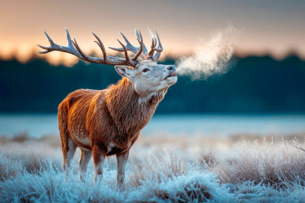 Premium Textil-Leinwand Ein röhrender Hirsch im frostigen Morgengrauen – Naturgewalt in stiller Kulisse