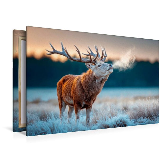 Premium Textil-Leinwand Ein röhrender Hirsch im frostigen Morgengrauen – Naturgewalt in stiller Kulisse