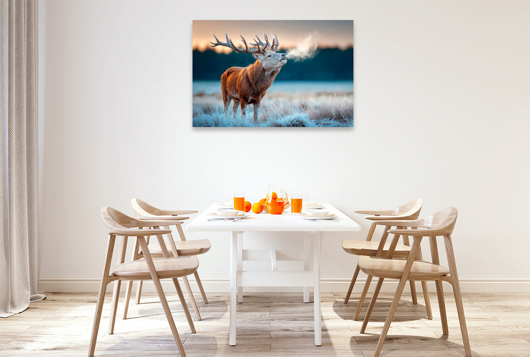 Premium Textil-Leinwand Ein röhrender Hirsch im frostigen Morgengrauen – Naturgewalt in stiller Kulisse