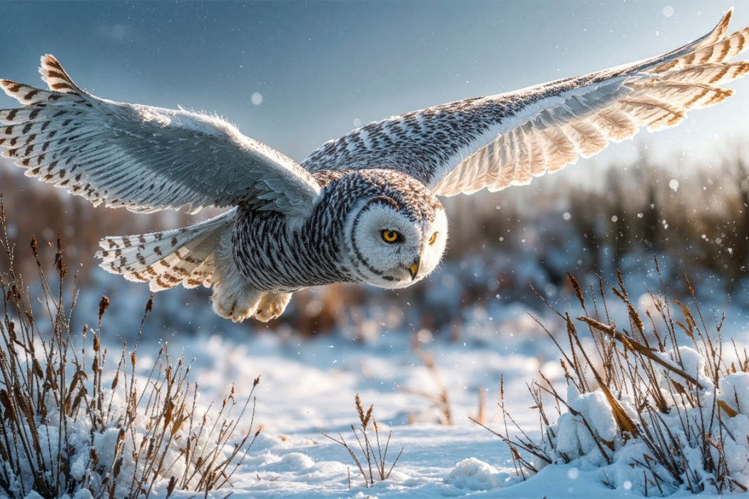 Premium Textil-Leinwand Majestätisch gleitet die Schneeeule über die weiße Winterwiese – lautlos und kraftvoll