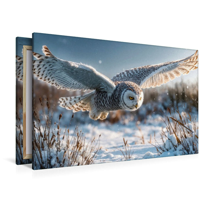 Premium Textil-Leinwand Majestätisch gleitet die Schneeeule über die weiße Winterwiese – lautlos und kraftvoll