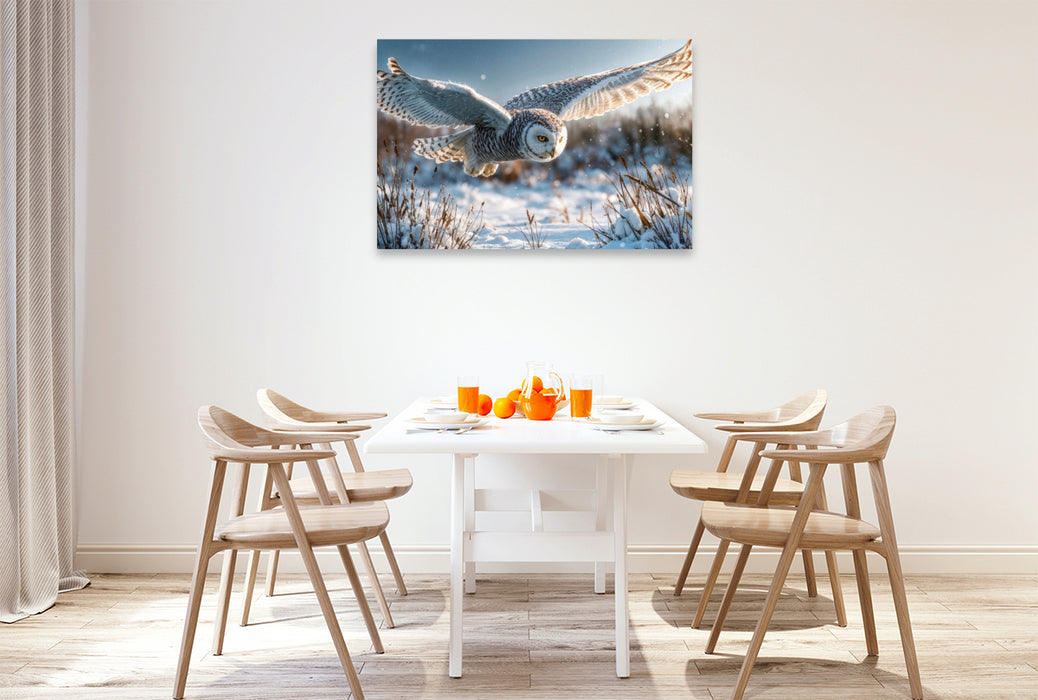 Premium Textil-Leinwand Majestätisch gleitet die Schneeeule über die weiße Winterwiese – lautlos und kraftvoll