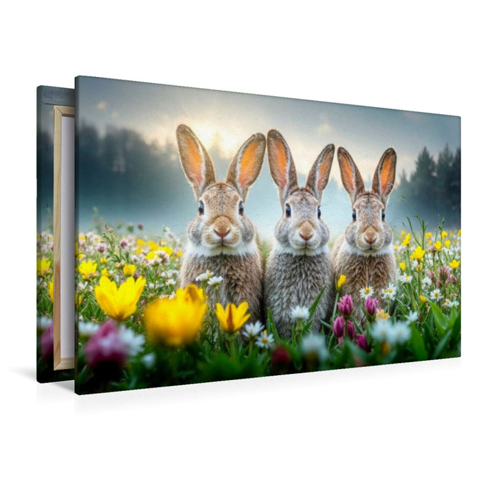 Premium Textil-Leinwand Drei Hasen genießen die ersten warmen Sonnenstrahlen auf einer bunten Blumenwiese