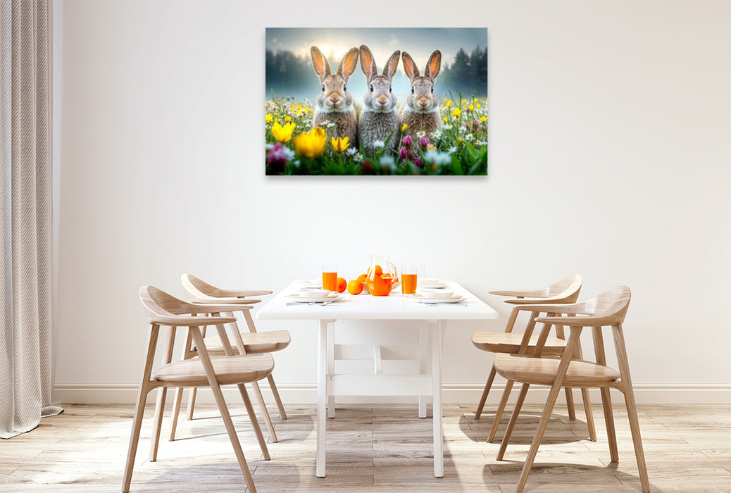 Premium Textil-Leinwand Drei Hasen genießen die ersten warmen Sonnenstrahlen auf einer bunten Blumenwiese