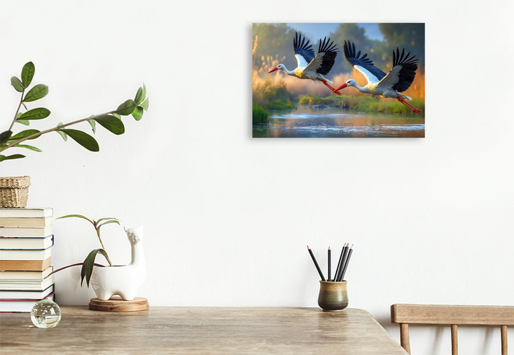 Premium Textil-Leinwand Zwei Störche ziehen elegant ihre Kreise über dem glitzernden See