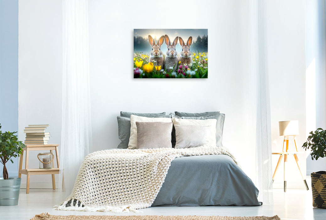 Premium Textil-Leinwand Drei Hasen genießen die ersten warmen Sonnenstrahlen auf einer bunten Blumenwiese