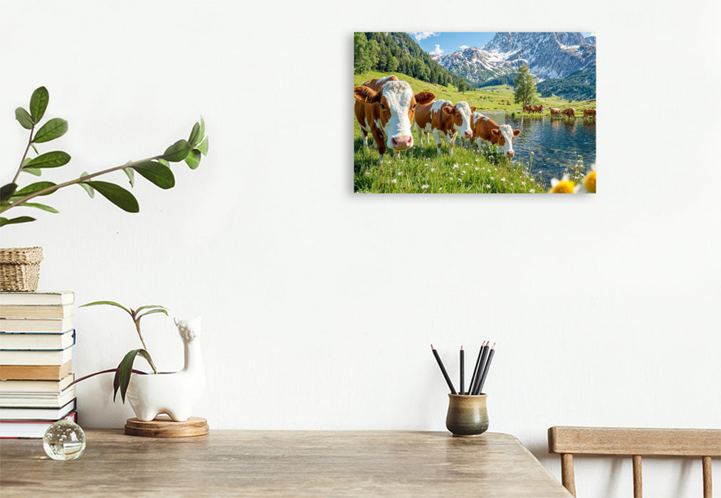 Premium Textil-Leinwand Drei Kühe grasen friedlich auf der Alm – Idylle zwischen Bachlauf und Bergluft