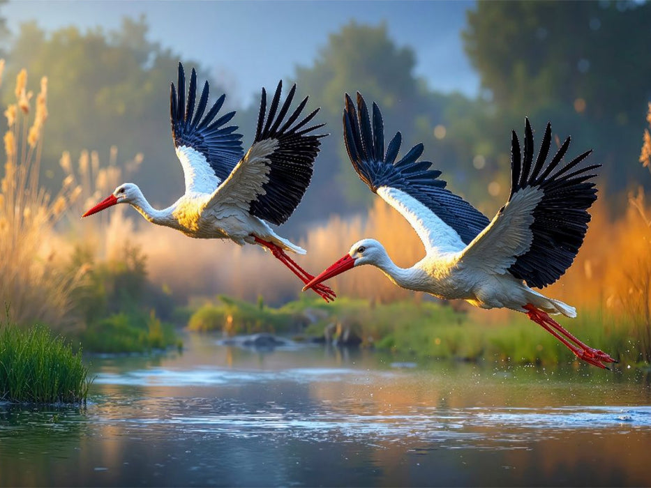Zwei Störche ziehen elegant ihre Kreise über dem glitzernden See - CALVENDO Foto-Puzzle'