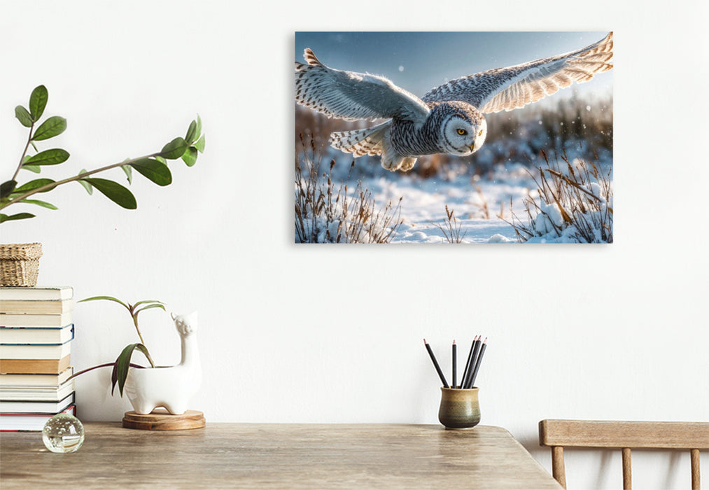 Premium Textil-Leinwand Majestätisch gleitet die Schneeeule über die weiße Winterwiese – lautlos und kraftvoll