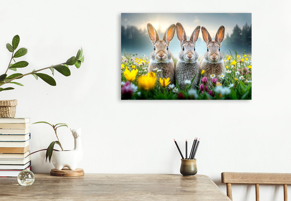 Premium Textil-Leinwand Drei Hasen genießen die ersten warmen Sonnenstrahlen auf einer bunten Blumenwiese