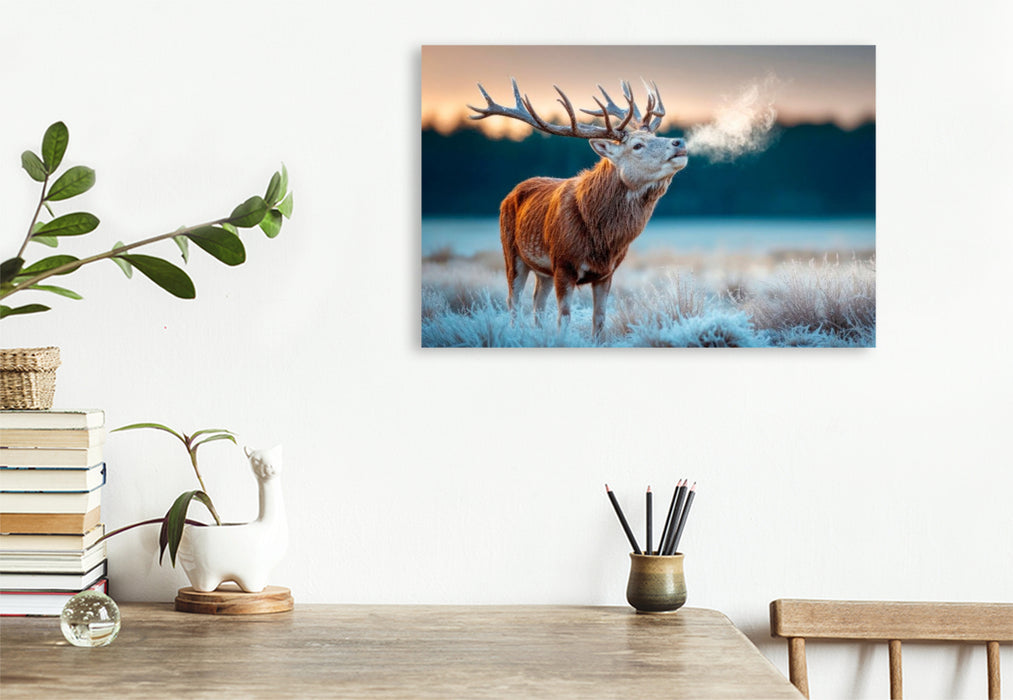 Premium Textil-Leinwand Ein röhrender Hirsch im frostigen Morgengrauen – Naturgewalt in stiller Kulisse