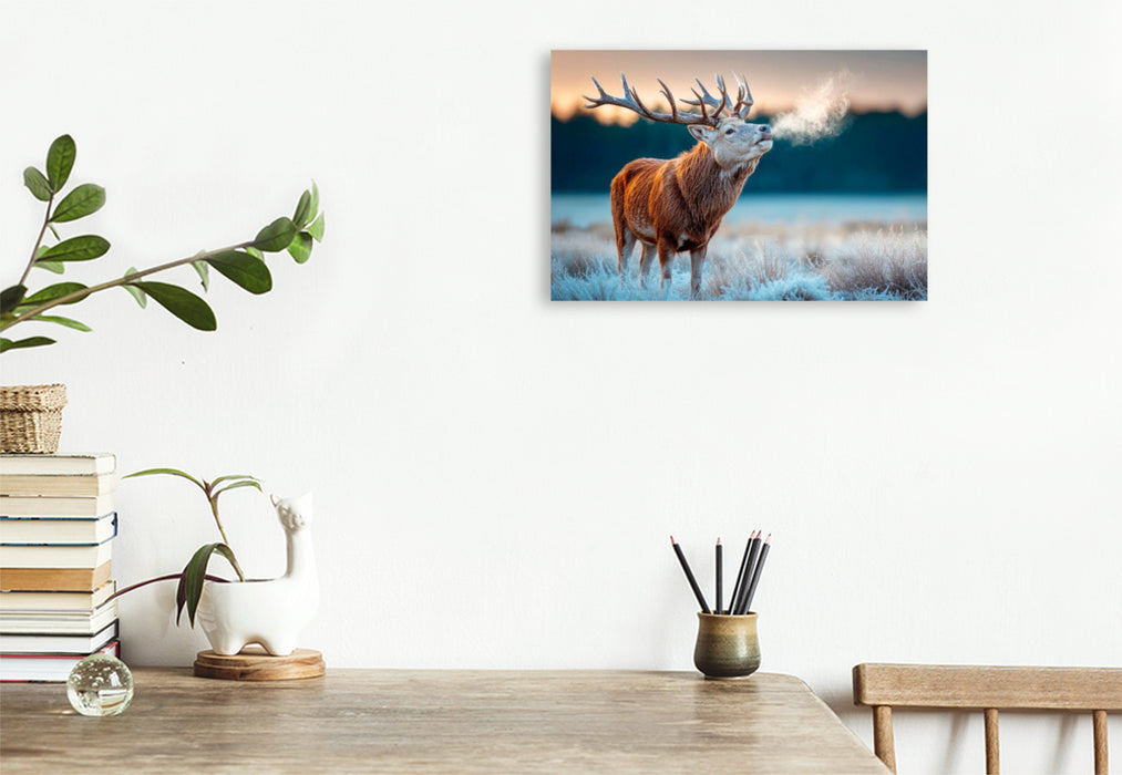 Premium Textil-Leinwand Ein röhrender Hirsch im frostigen Morgengrauen – Naturgewalt in stiller Kulisse