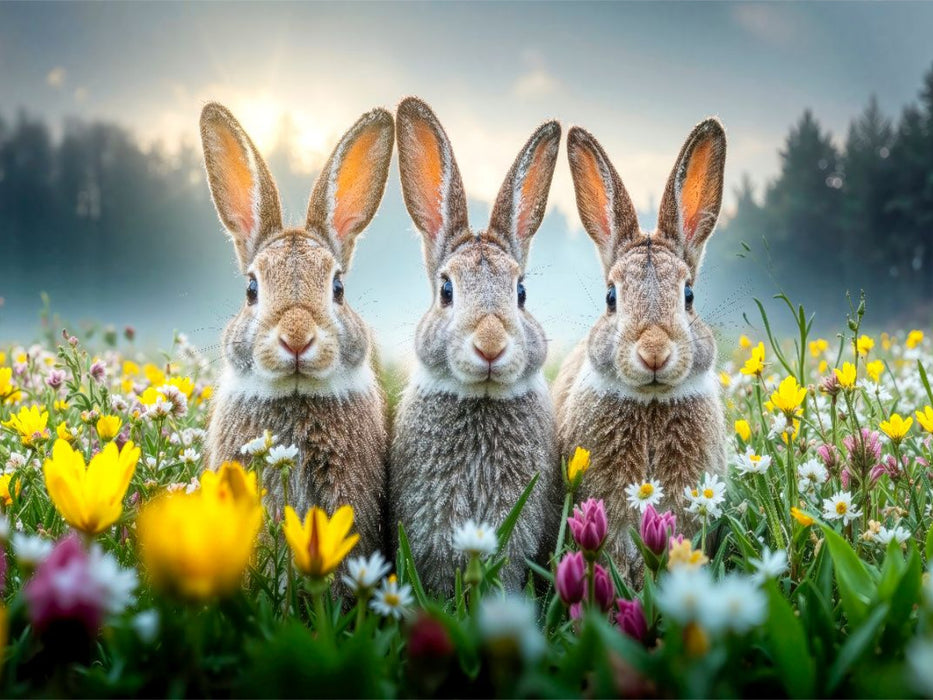 Drei Hasen genießen die ersten warmen Sonnenstrahlen auf einer bunten Blumenwiese - CALVENDO Foto-Puzzle'