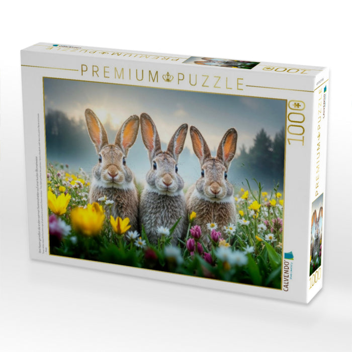 Drei Hasen genießen die ersten warmen Sonnenstrahlen auf einer bunten Blumenwiese - CALVENDO Foto-Puzzle'