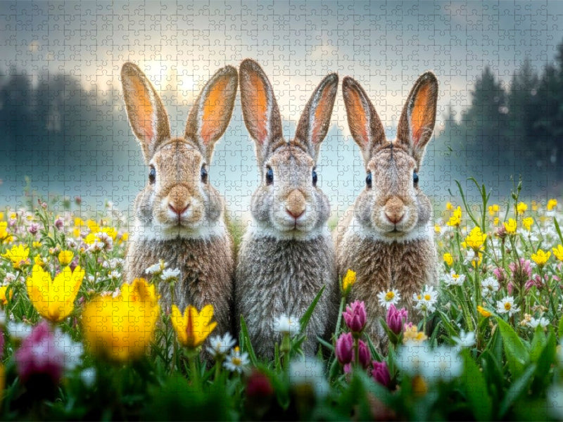 Drei Hasen genießen die ersten warmen Sonnenstrahlen auf einer bunten Blumenwiese - CALVENDO Foto-Puzzle'
