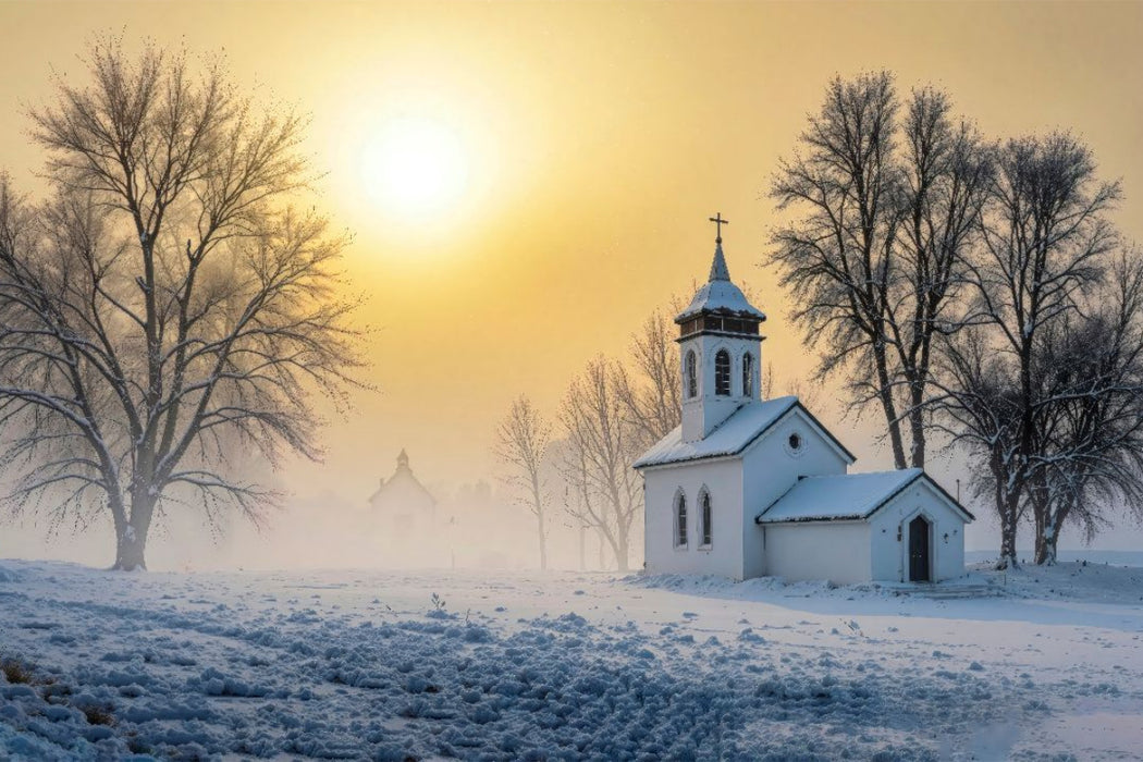 Premium Textil-Leinwand Die Dorfkirche ruht in winterlicher Stille – ein Ort der Einkehr im Schnee