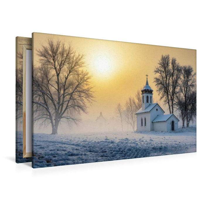 Premium Textil-Leinwand Die Dorfkirche ruht in winterlicher Stille – ein Ort der Einkehr im Schnee