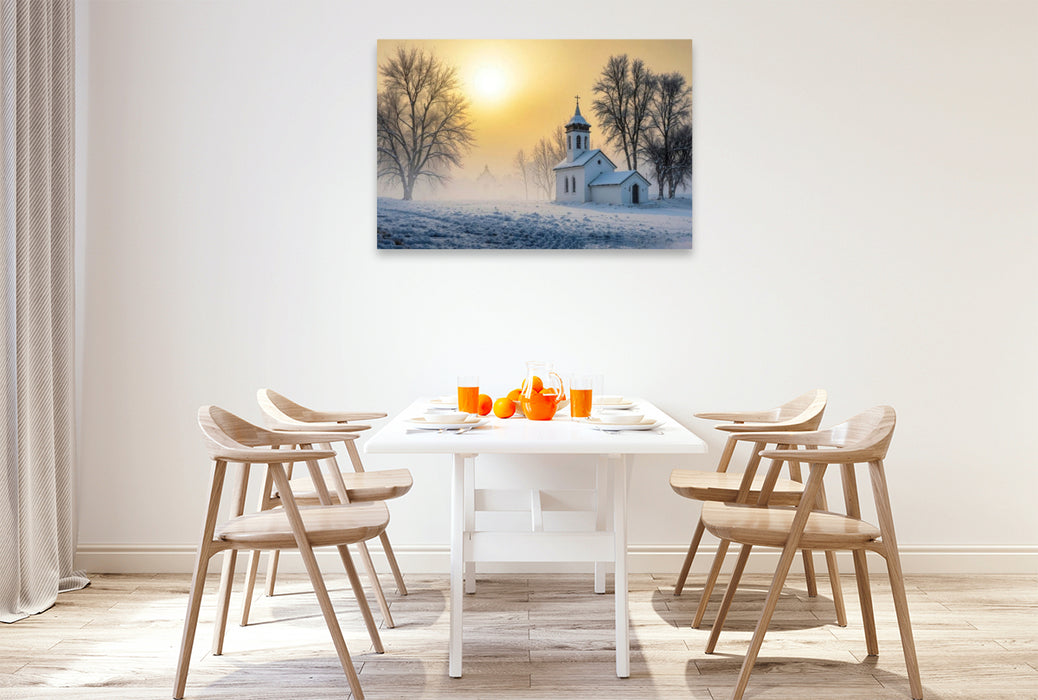Premium Textil-Leinwand Die Dorfkirche ruht in winterlicher Stille – ein Ort der Einkehr im Schnee