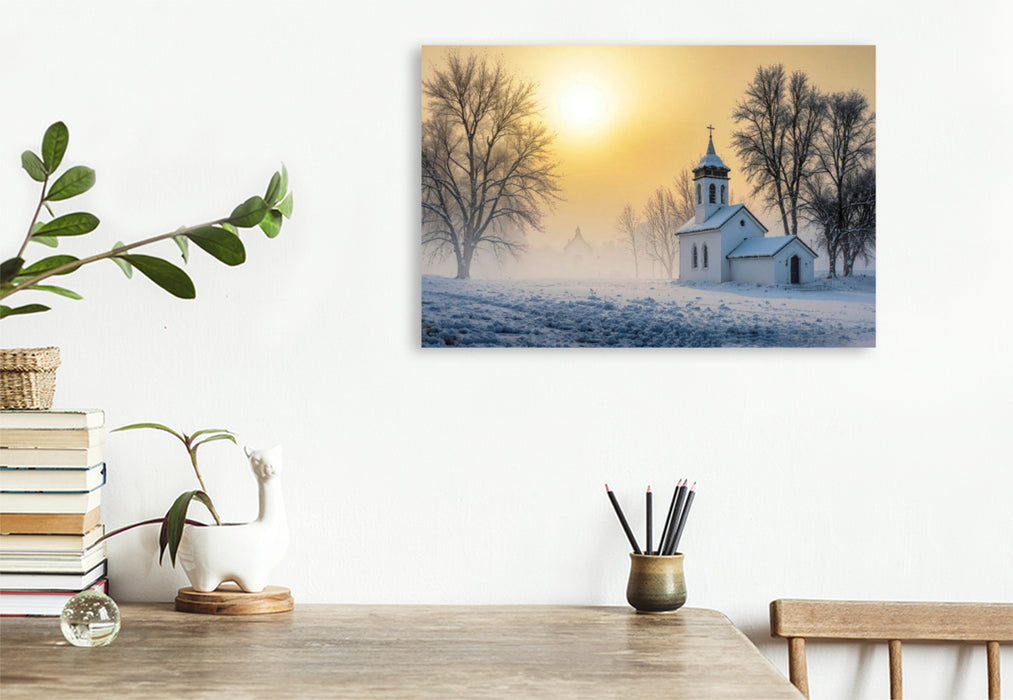 Premium Textil-Leinwand Die Dorfkirche ruht in winterlicher Stille – ein Ort der Einkehr im Schnee
